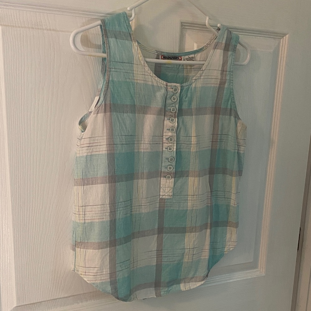 Casual Plaid Button-Down Blouse - Blue and White